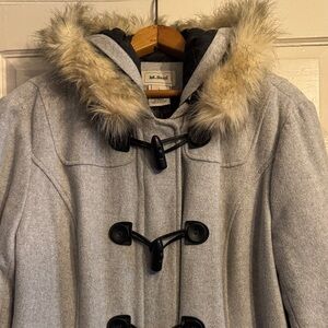 L.L. Bean Gray Pea Coat with Faux Fur Hood